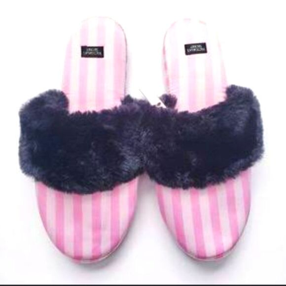 VICTORIA'S SECRET SIGNATURE SATIN SLIPPERS PINK STRIPE WITH FAUX FUR SLIPPER - Picture 3 of 13